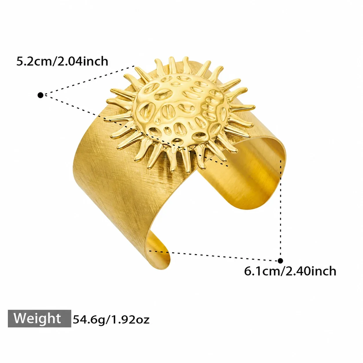 Radiant Sunburst Wide Gold-Plated Stainless Steel Bangle - Gold Hammered Sun