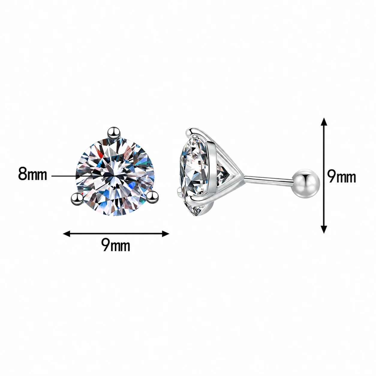 Brilliant Round Three-Prong 925 Sterling Silver Stud Earrings - Threaded Moissanite