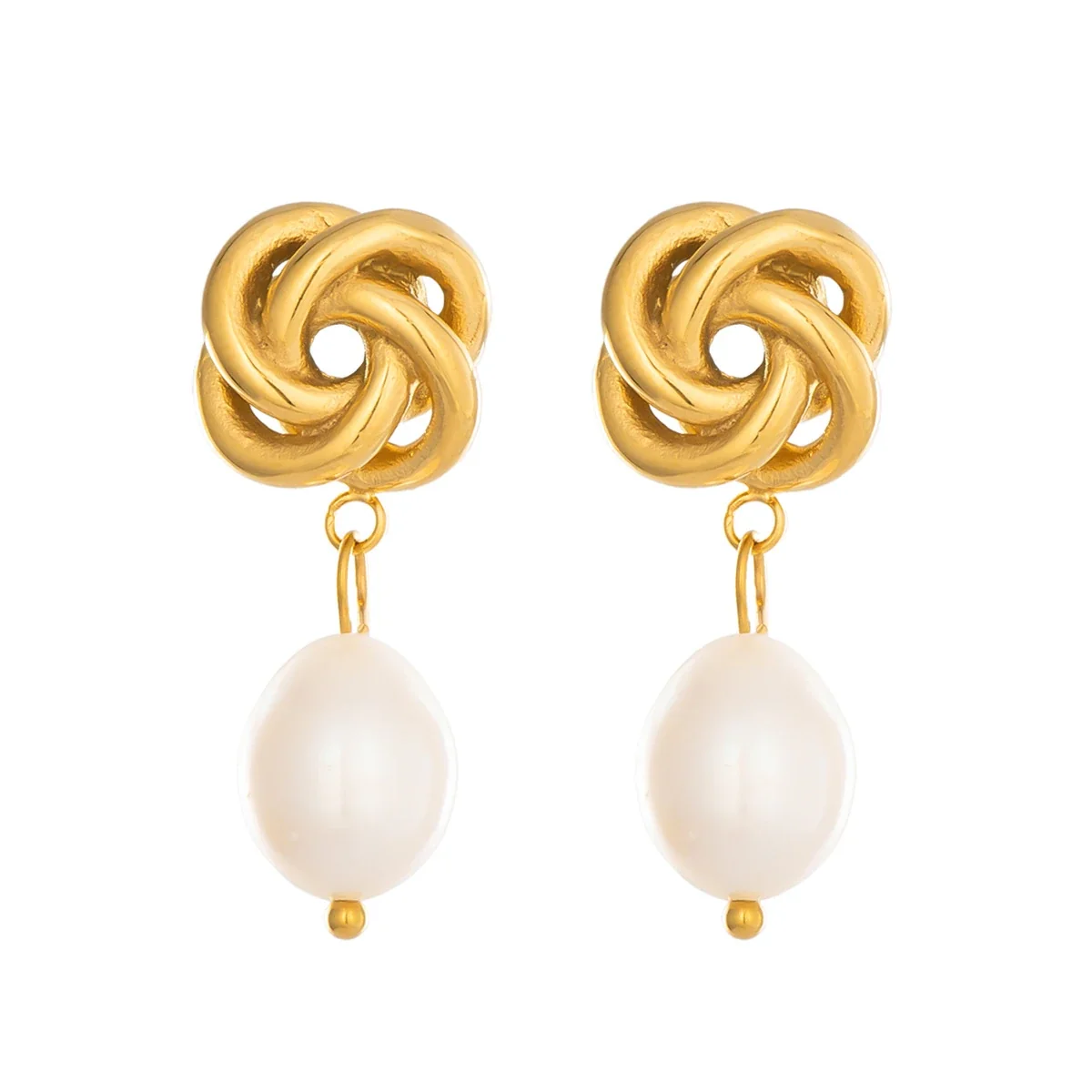 Sculptural Stainless Steel Twisted Flower Pearl Drop Earrings