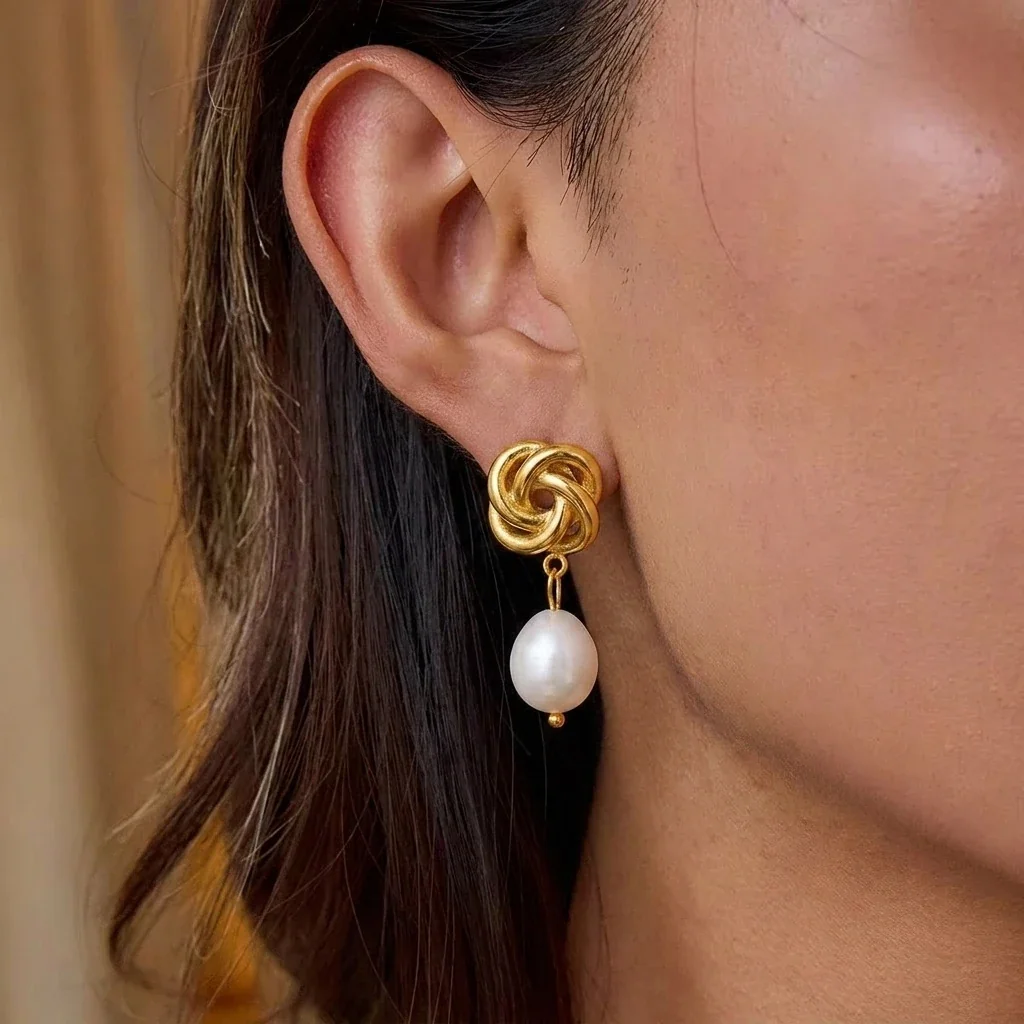 Sculptural Stainless Steel Twisted Flower Pearl Drop Earrings