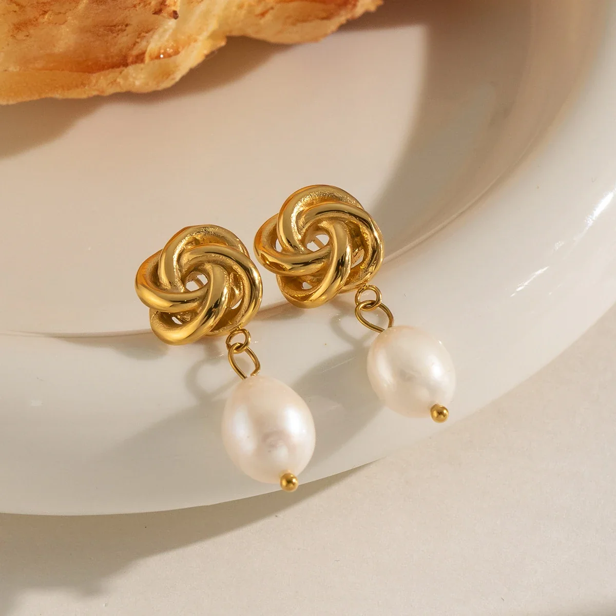 Sculptural Stainless Steel Twisted Flower Pearl Drop Earrings