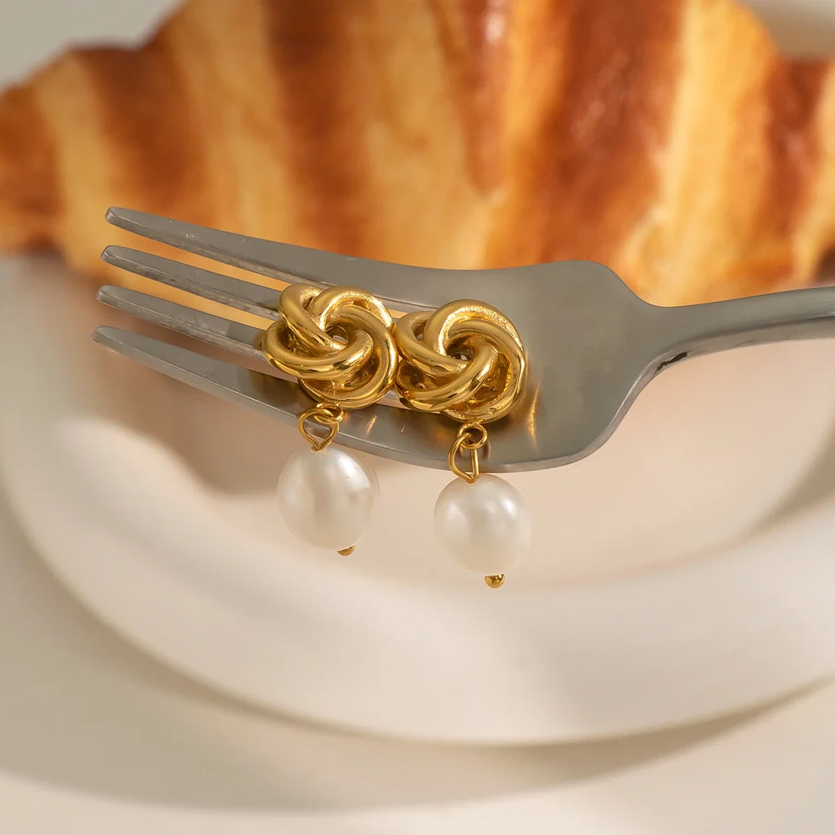 Sculptural Stainless Steel Twisted Flower Pearl Drop Earrings