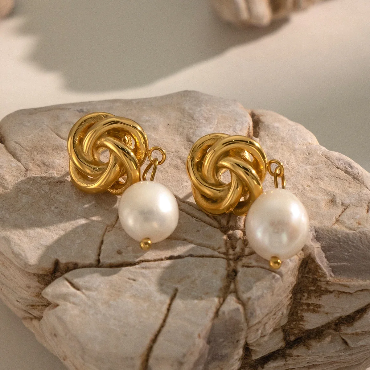 Sculptural Stainless Steel Twisted Flower Pearl Drop Earrings