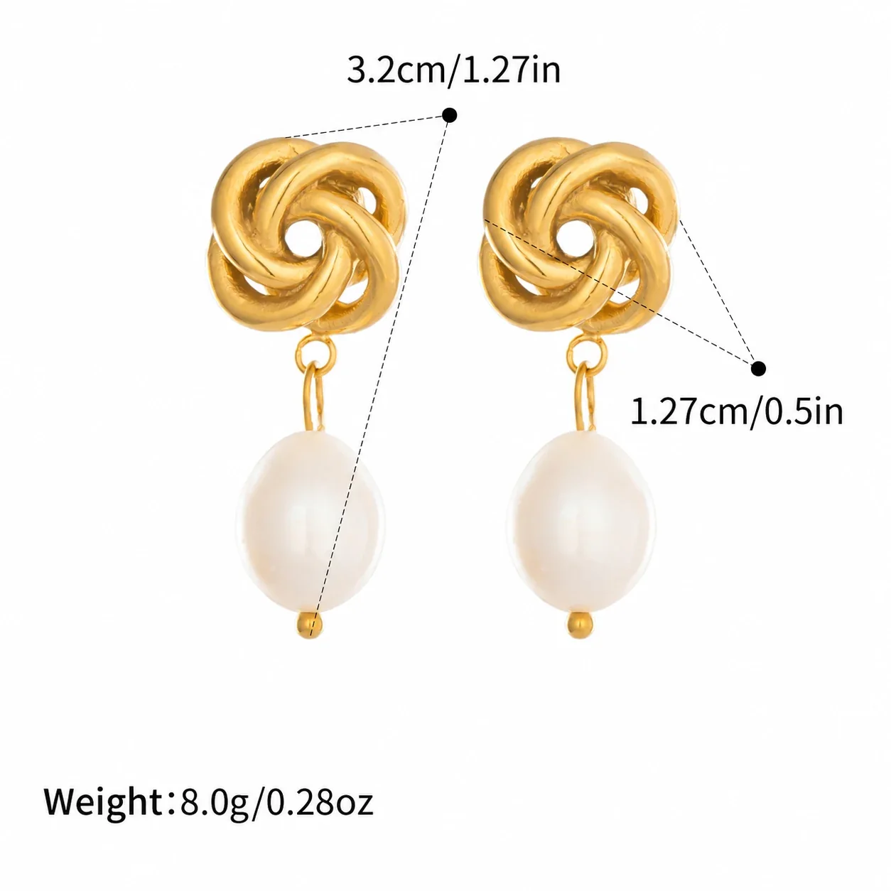 Sculptural Stainless Steel Twisted Flower Pearl Drop Earrings - Gold
