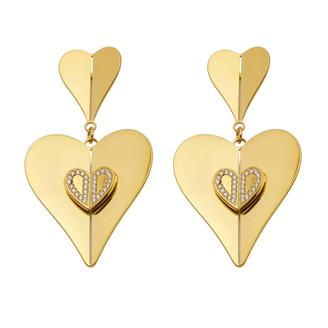 Sculptural Gold-Plated Double Heart CZ Drop Earrings