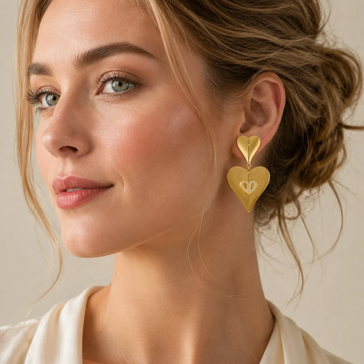 Sculptural Gold-Plated Double Heart CZ Drop Earrings
