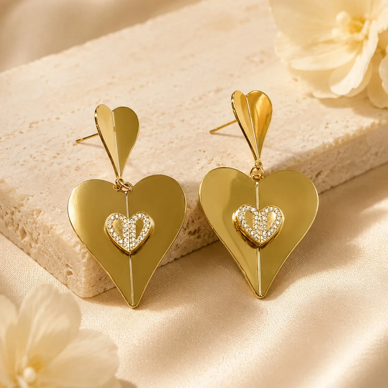 Sculptural Gold-Plated Double Heart CZ Drop Earrings
