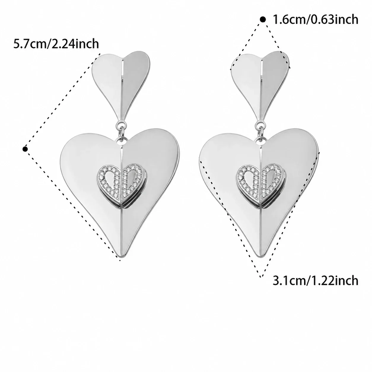 Sculptural Gold-Plated Double Heart CZ Drop Earrings - Silver
