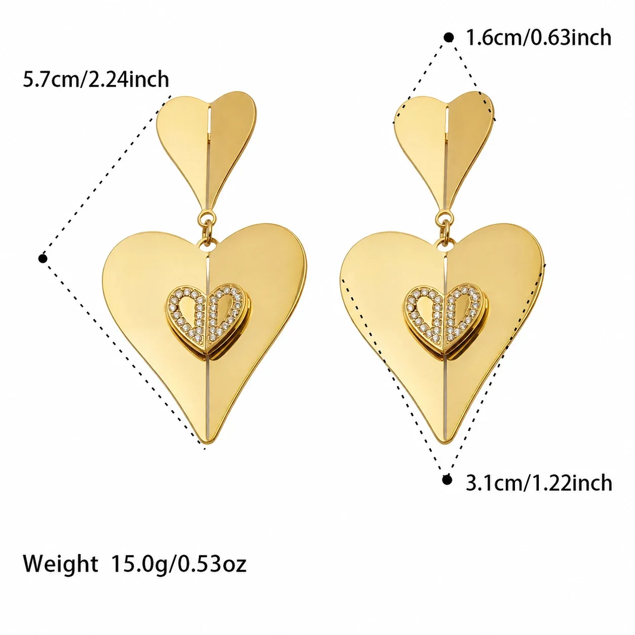 Sculptural Gold-Plated Double Heart CZ Drop Earrings - Gold