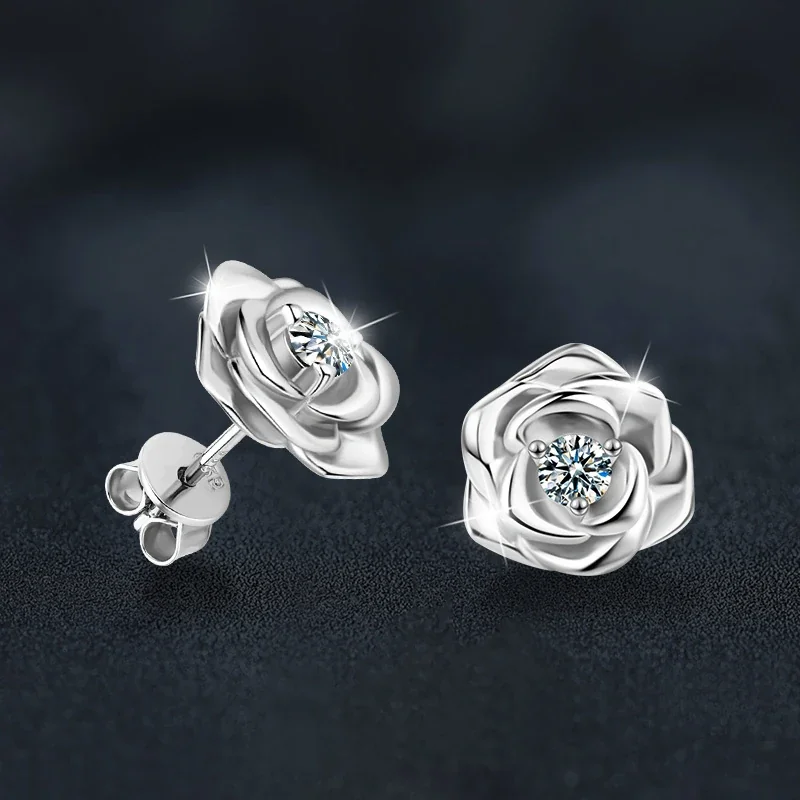Sculptural 925 Sterling Silver Rose Moissanite Stud Earrings