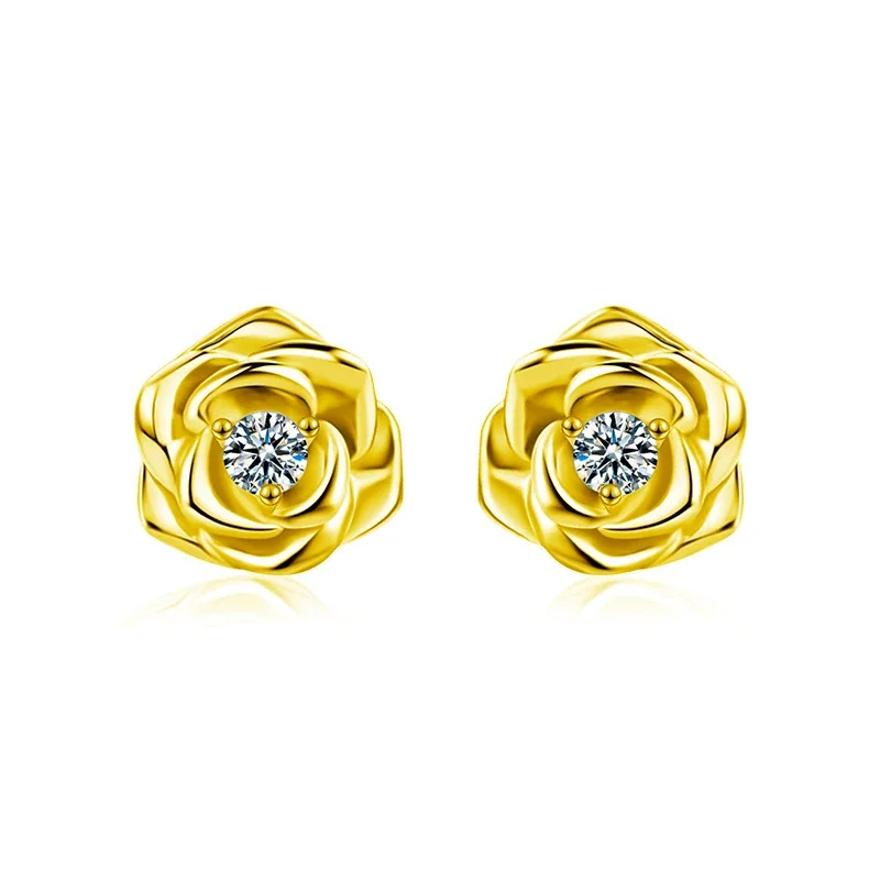 Sculptural 925 Sterling Silver Rose Moissanite Stud Earrings - Gold