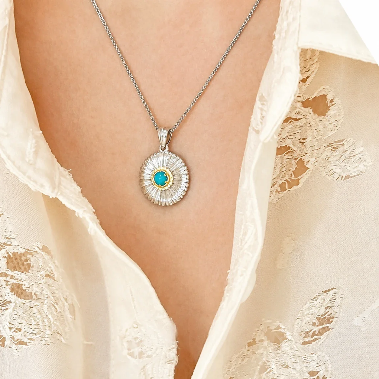 Radiant Silver-Plated Daisy Turquoise-Blue Bead Copper Necklace