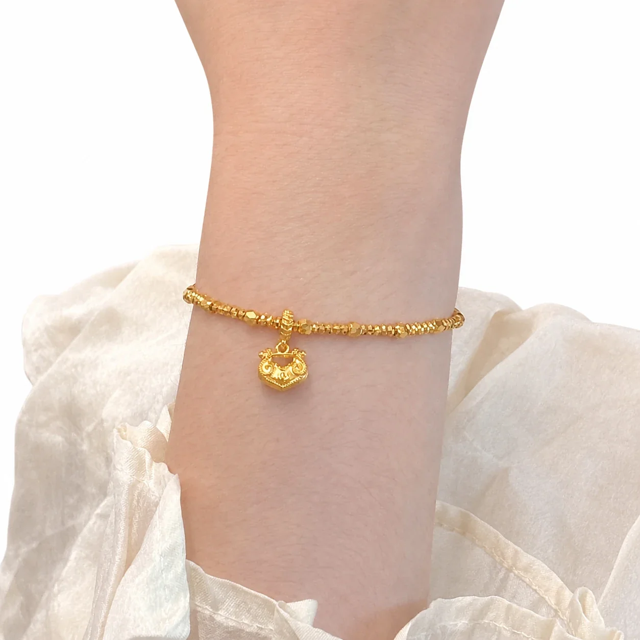 Ornate Gold-Plated Bead Chain Lotus Lock Copper Bracelet