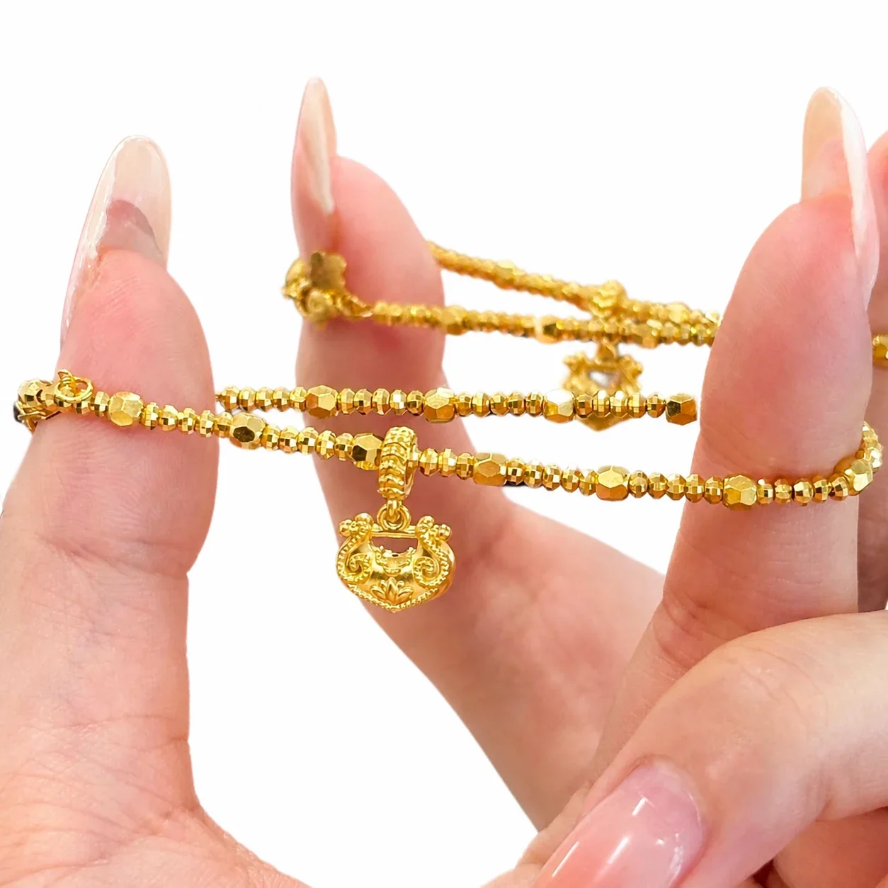 Ornate Gold-Plated Bead Chain Lotus Lock Copper Bracelet