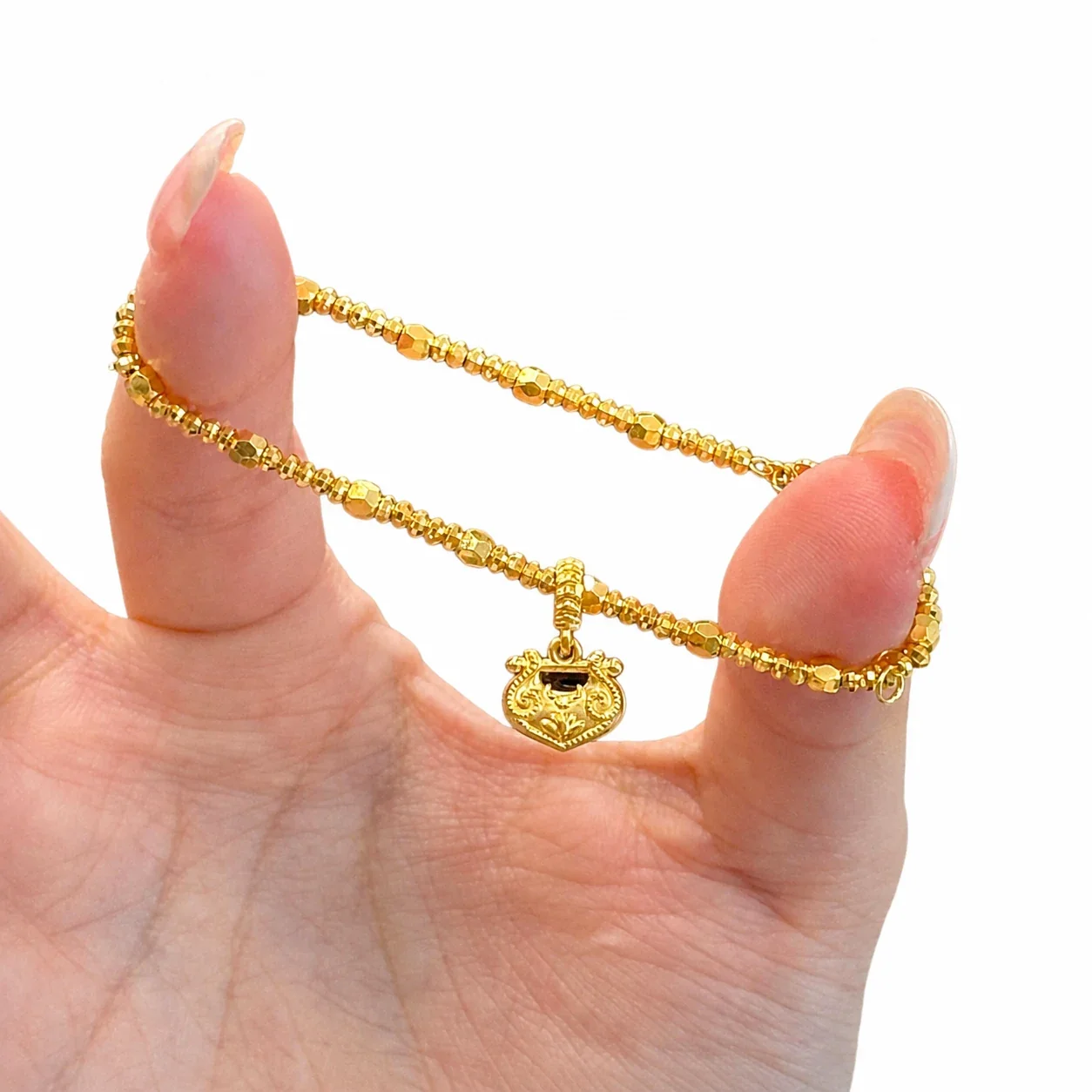 Ornate Gold-Plated Bead Chain Lotus Lock Copper Bracelet