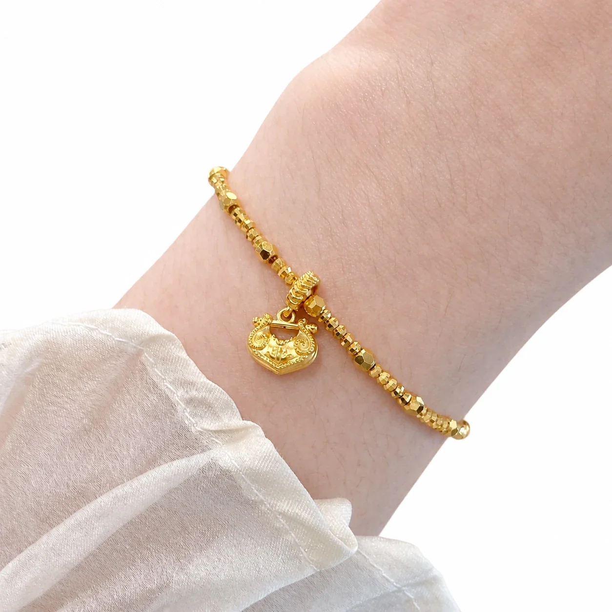 Ornate Gold-Plated Bead Chain Lotus Lock Copper Bracelet