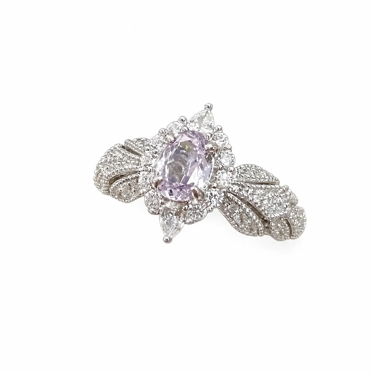 Ornate Silver-Plated Oval Lavender CZ Leaf Copper Ring