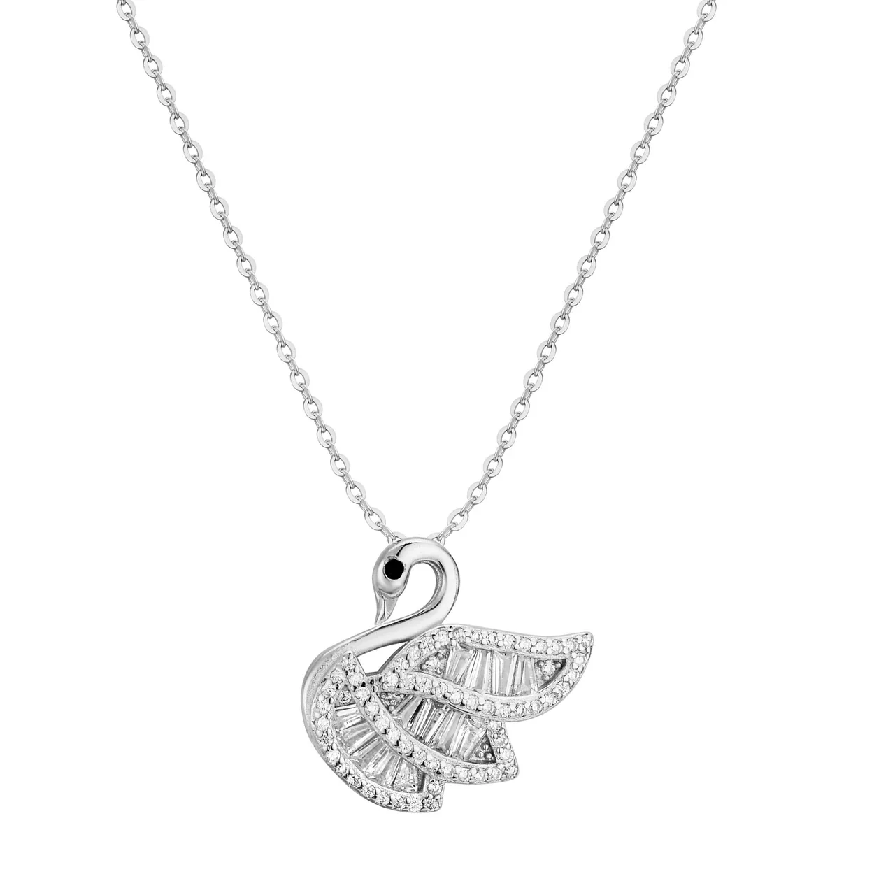 Graceful Swan 925 Sterling Silver Baguette Pavé Necklace