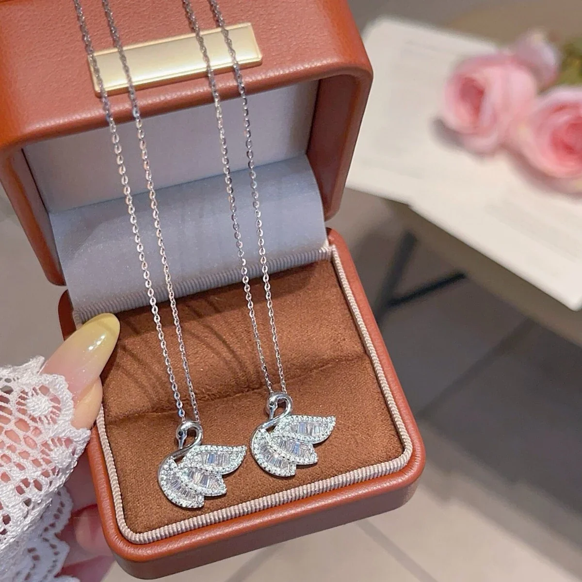 Graceful Swan 925 Sterling Silver Baguette Pavé Necklace
