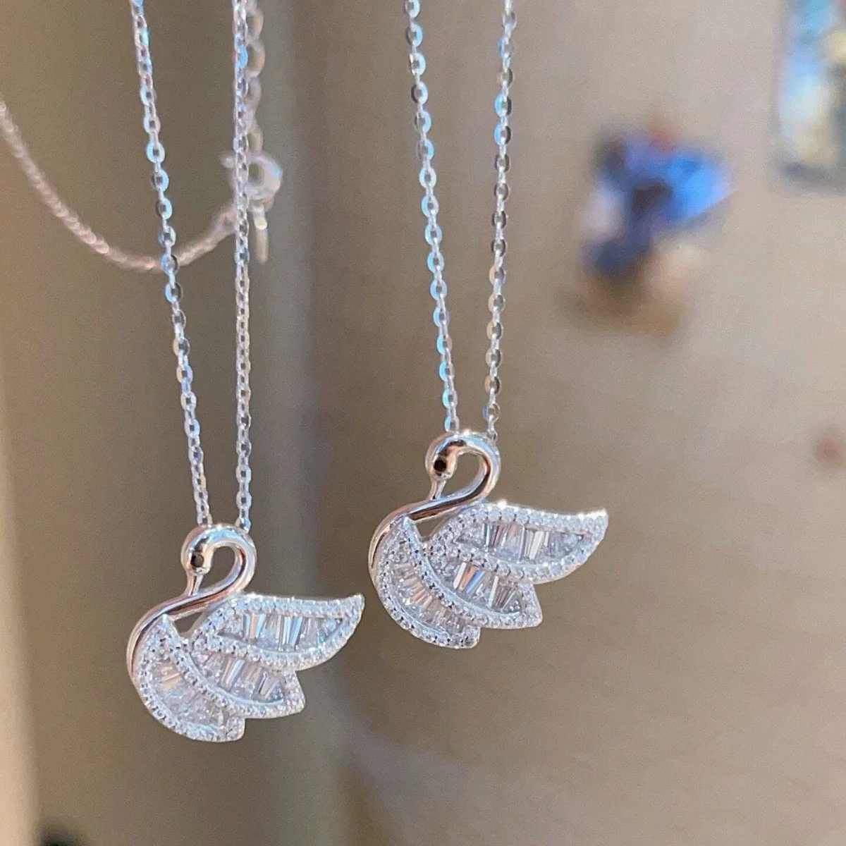 Graceful Swan 925 Sterling Silver Baguette Pavé Necklace
