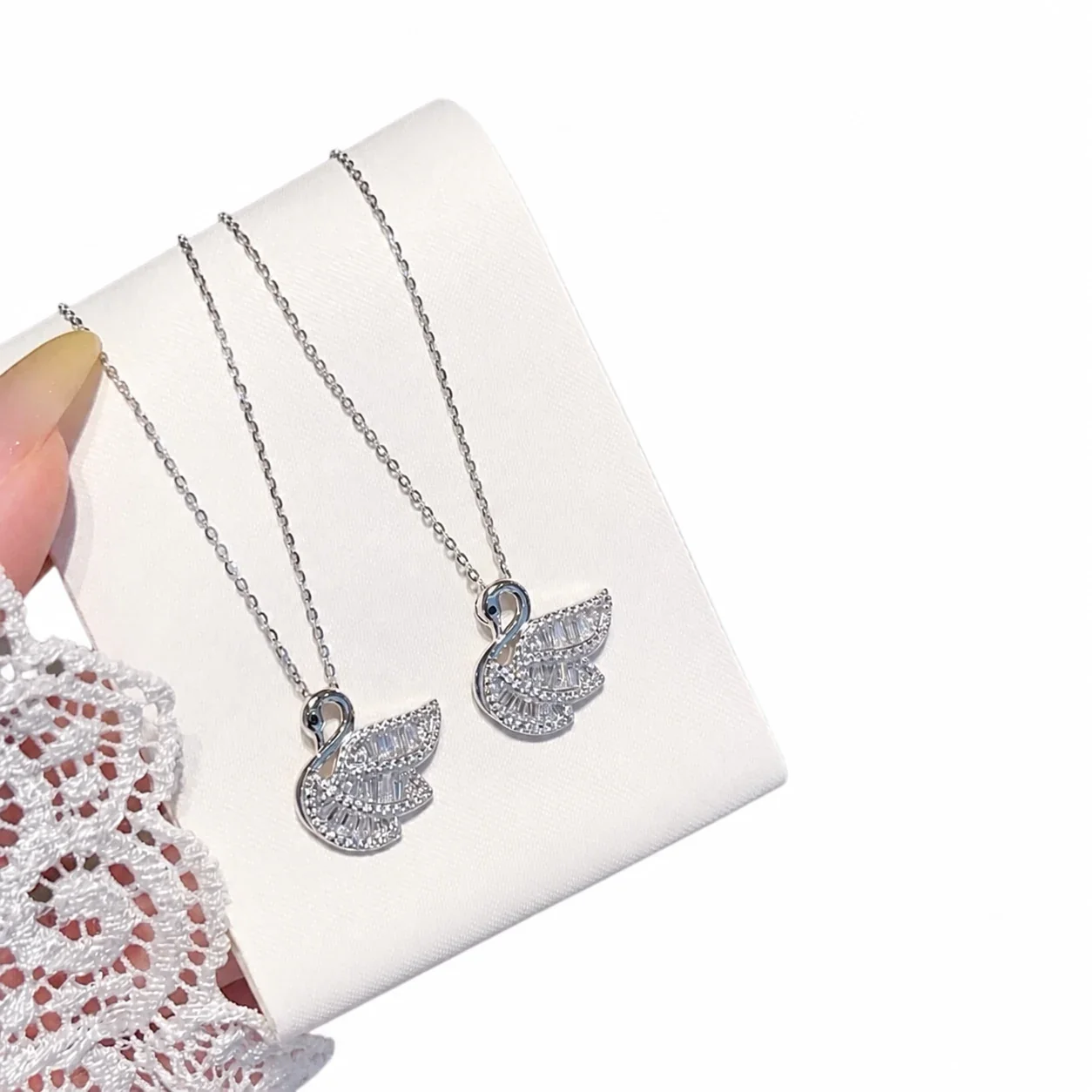 Graceful Swan 925 Sterling Silver Baguette Pavé Necklace