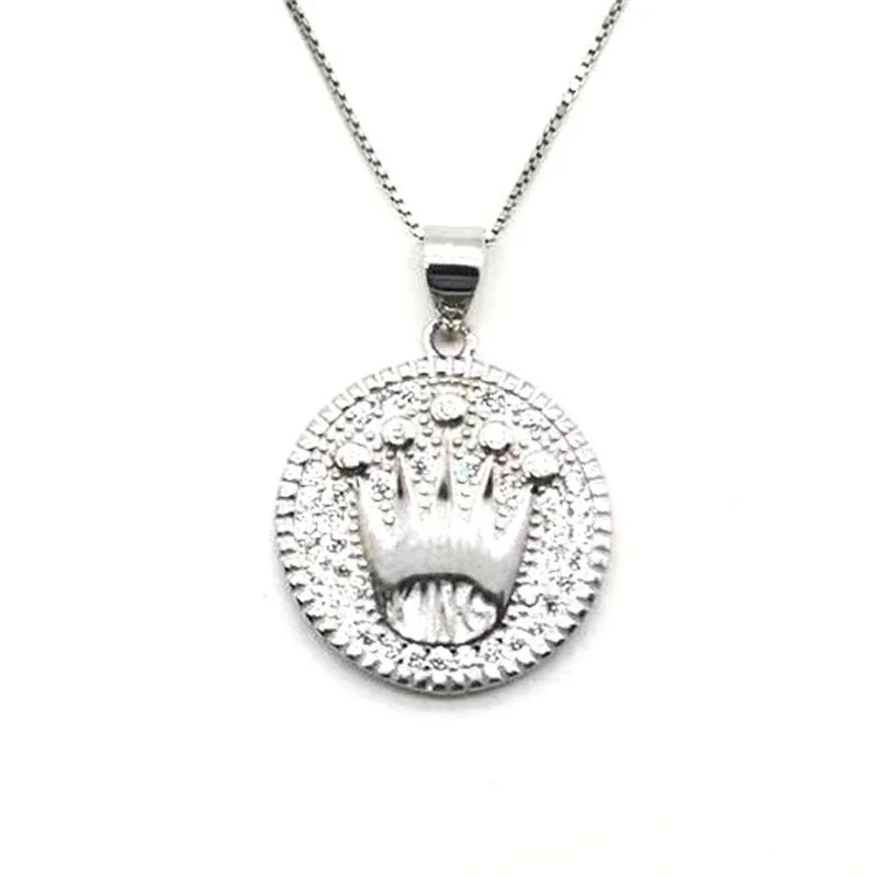 Regal 925 Sterling Silver Crown King Pavé Coin Pendant