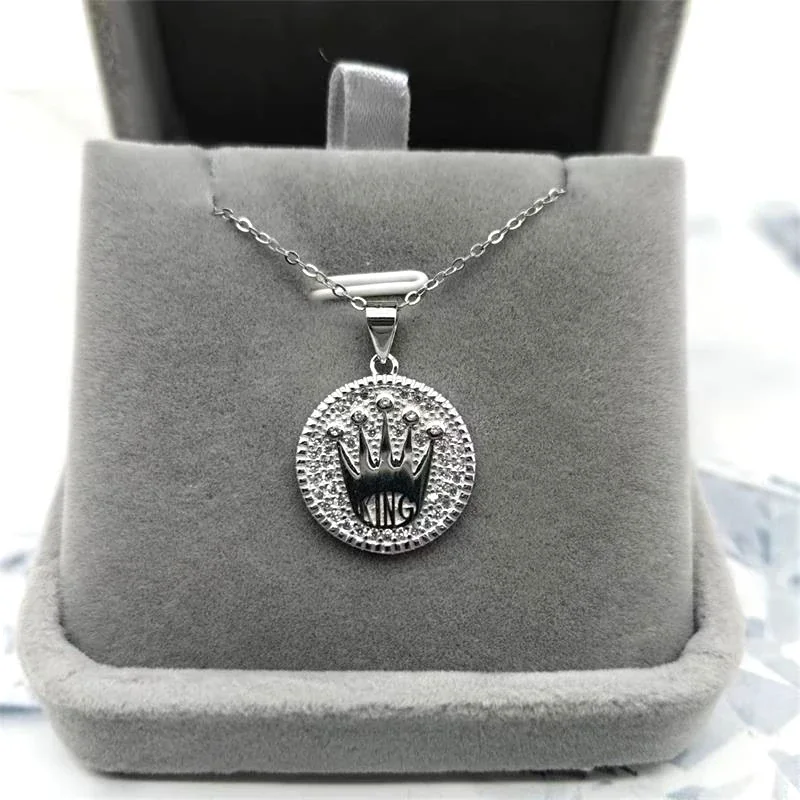 Regal 925 Sterling Silver Crown King Pavé Coin Pendant
