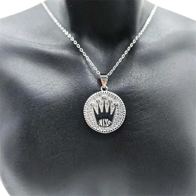 Regal 925 Sterling Silver Crown King Pavé Coin Pendant