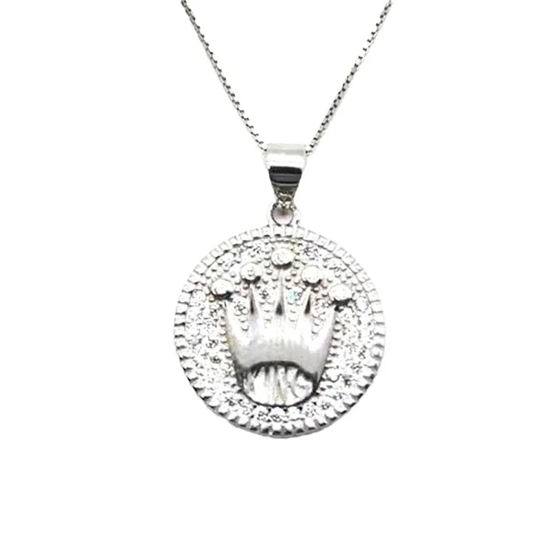 Regal 925 Sterling Silver Crown King Pavé Coin Pendant