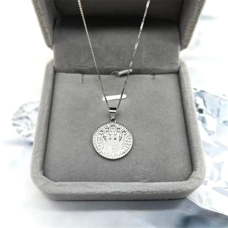 Regal 925 Sterling Silver Crown King Pavé Coin Pendant - with 40+5 cm Box