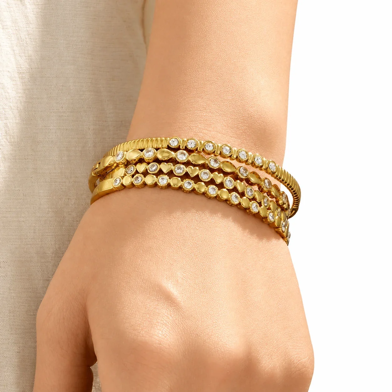 Radiant 18K Gold-Plated Bezel CZ Ribbed Bangle