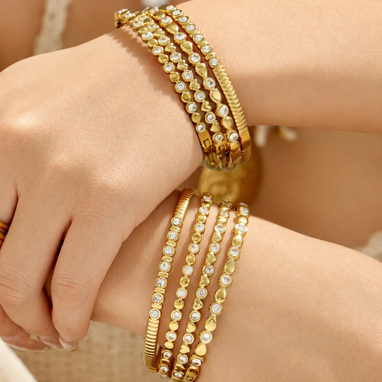 Radiant 18K Gold-Plated Bezel CZ Ribbed Bangle