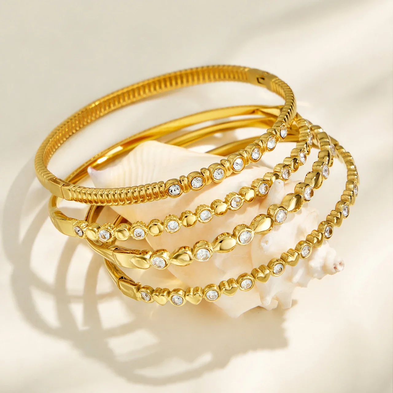 Radiant 18K Gold-Plated Bezel CZ Ribbed Bangle