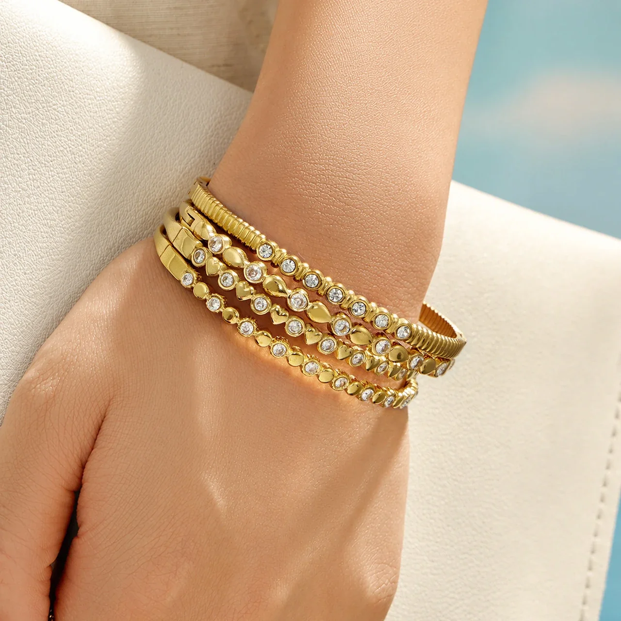 Radiant 18K Gold-Plated Bezel CZ Ribbed Bangle