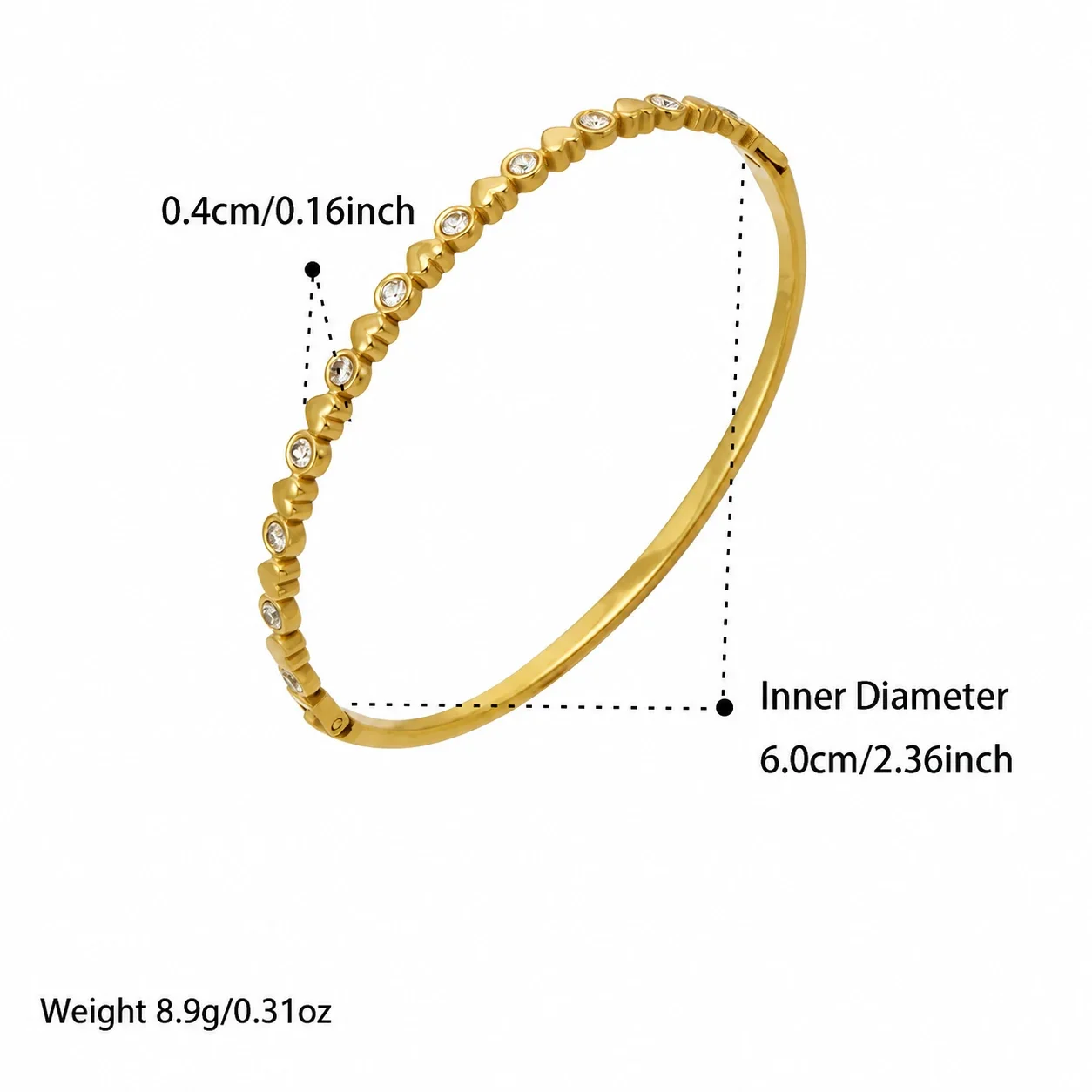 Radiant 18K Gold-Plated Bezel CZ Ribbed Bangle - Gold Heart CZ