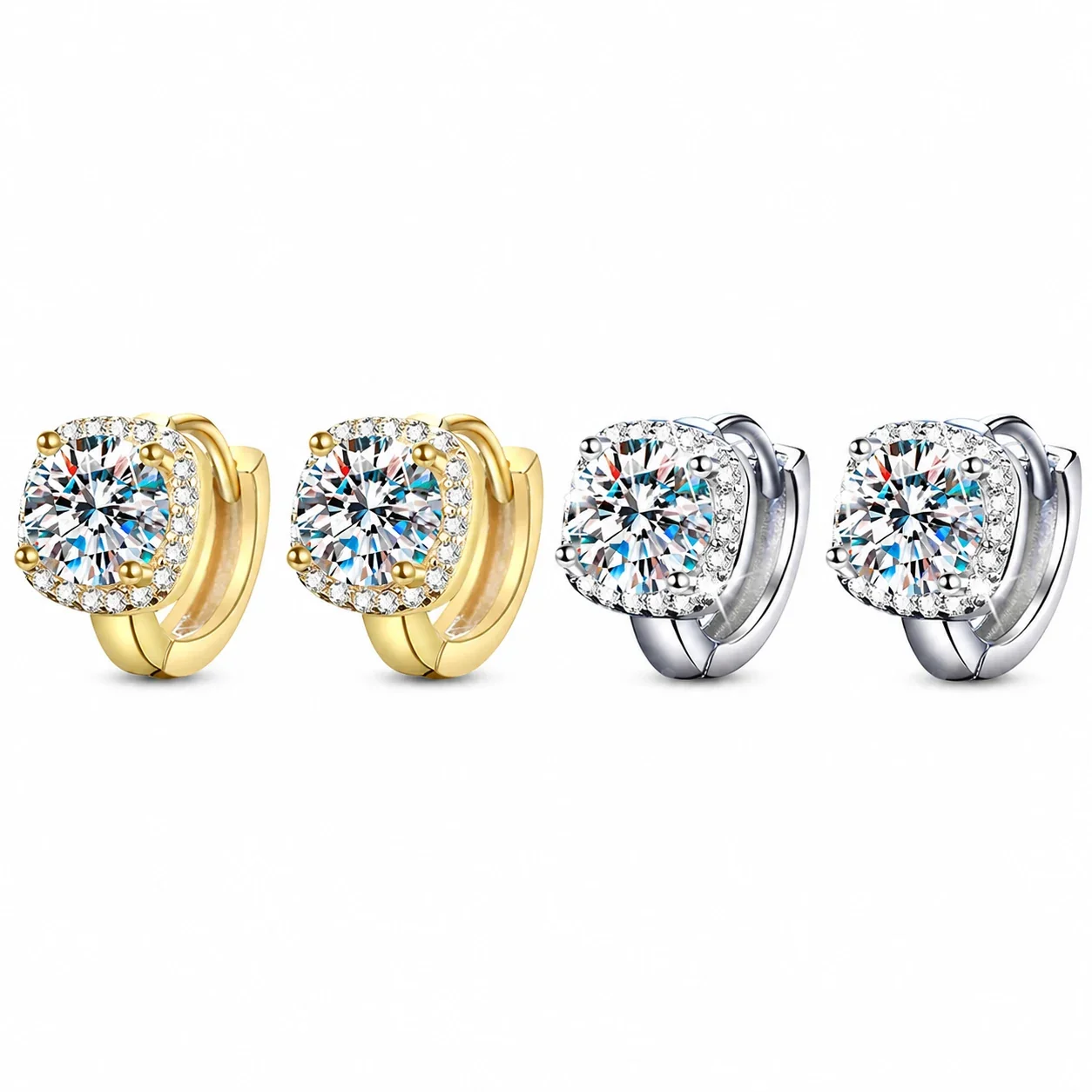 Radiant Round Moissanite Halo 925 Sterling Silver Huggie Earrings