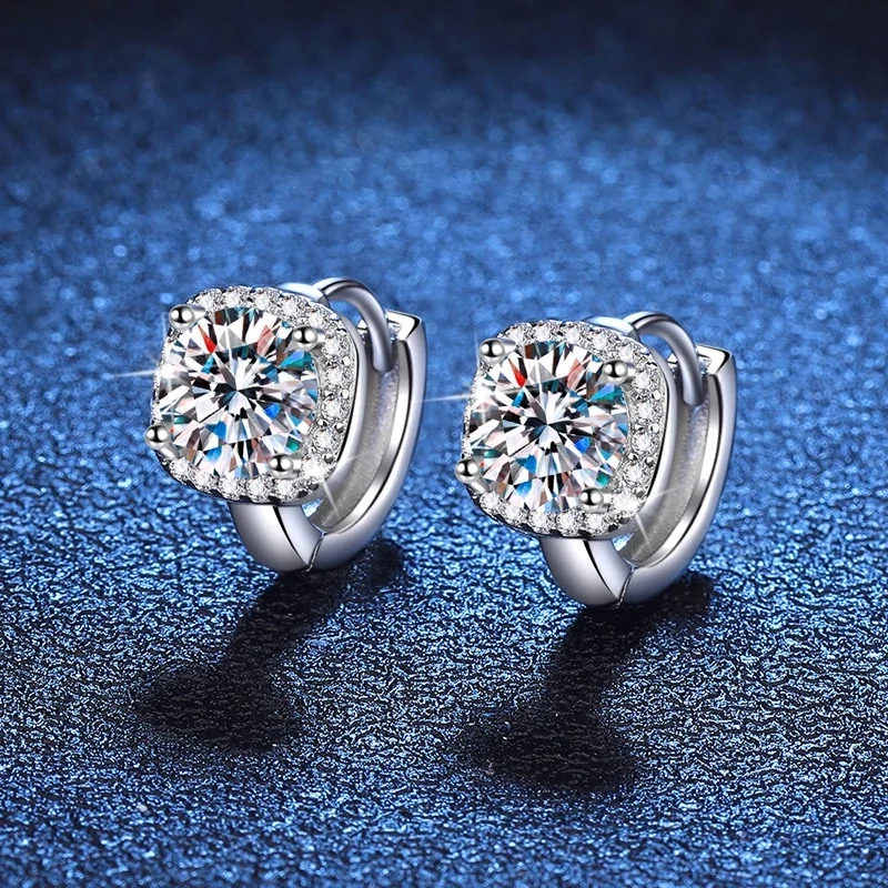 Radiant Round Moissanite Halo 925 Sterling Silver Huggie Earrings