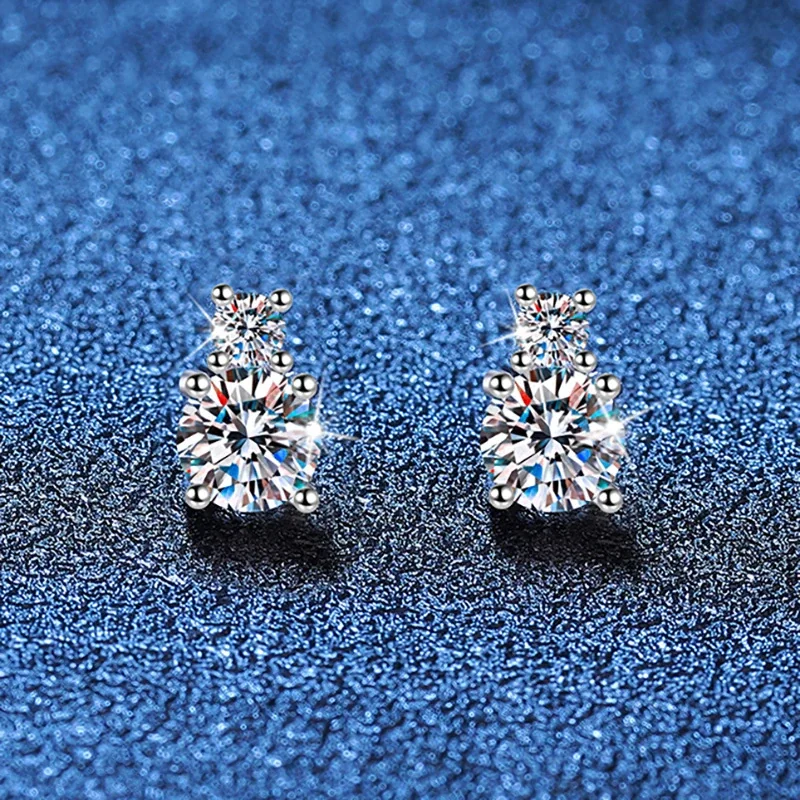 Dainty Duo Round Moissanite 925 Sterling Silver Stud Earrings