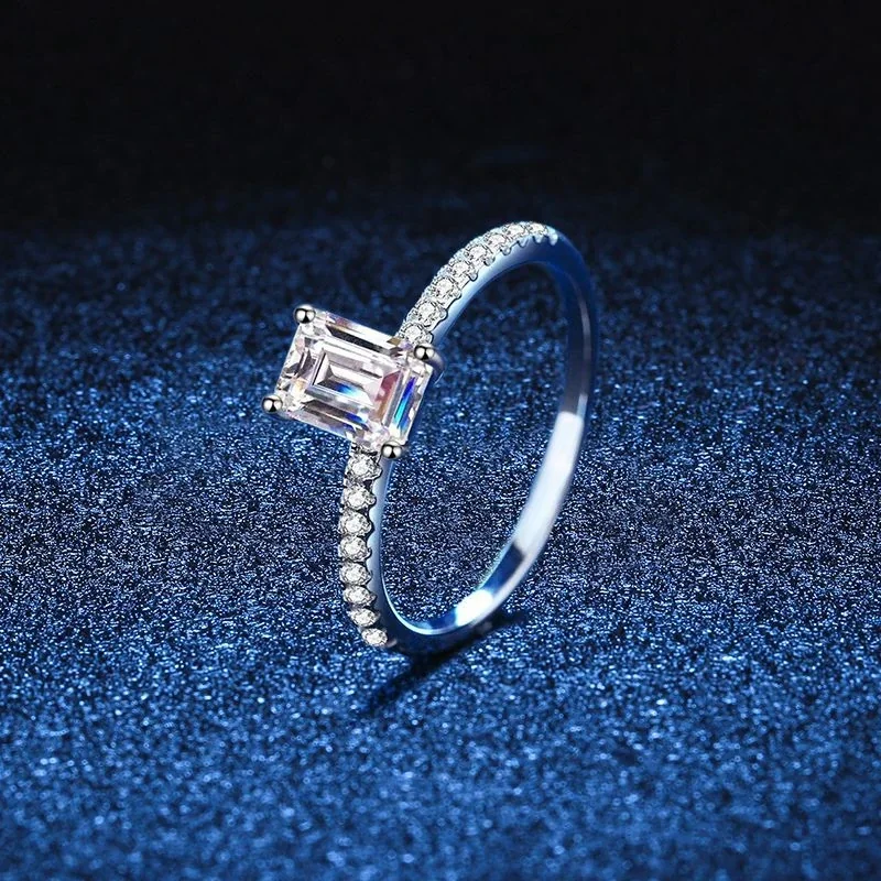 Luminous Emerald-Cut Pavé 925 Sterling Silver Ring