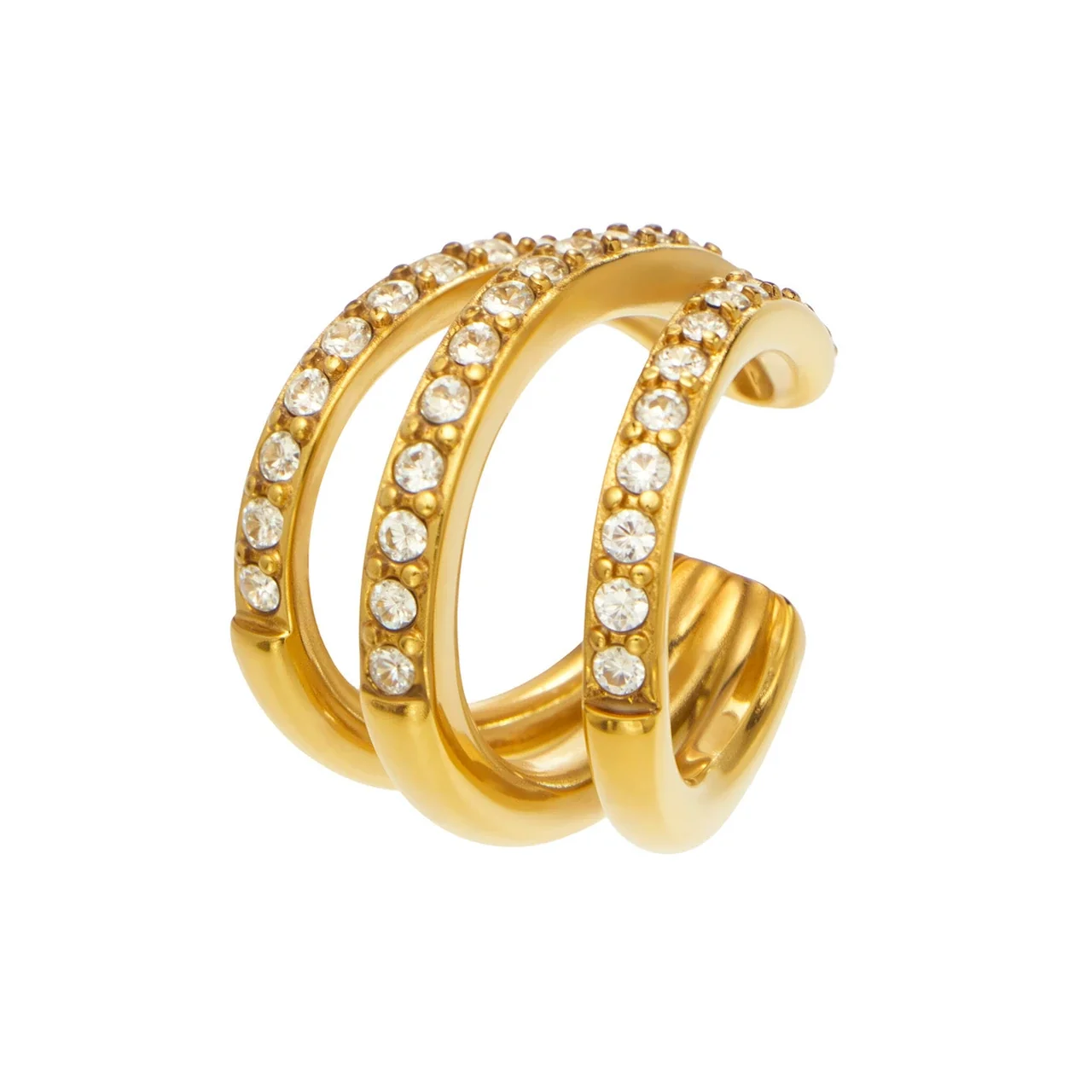 Sculptural Triple Pavé C-Shaped Stainless Steel Ear Cuff