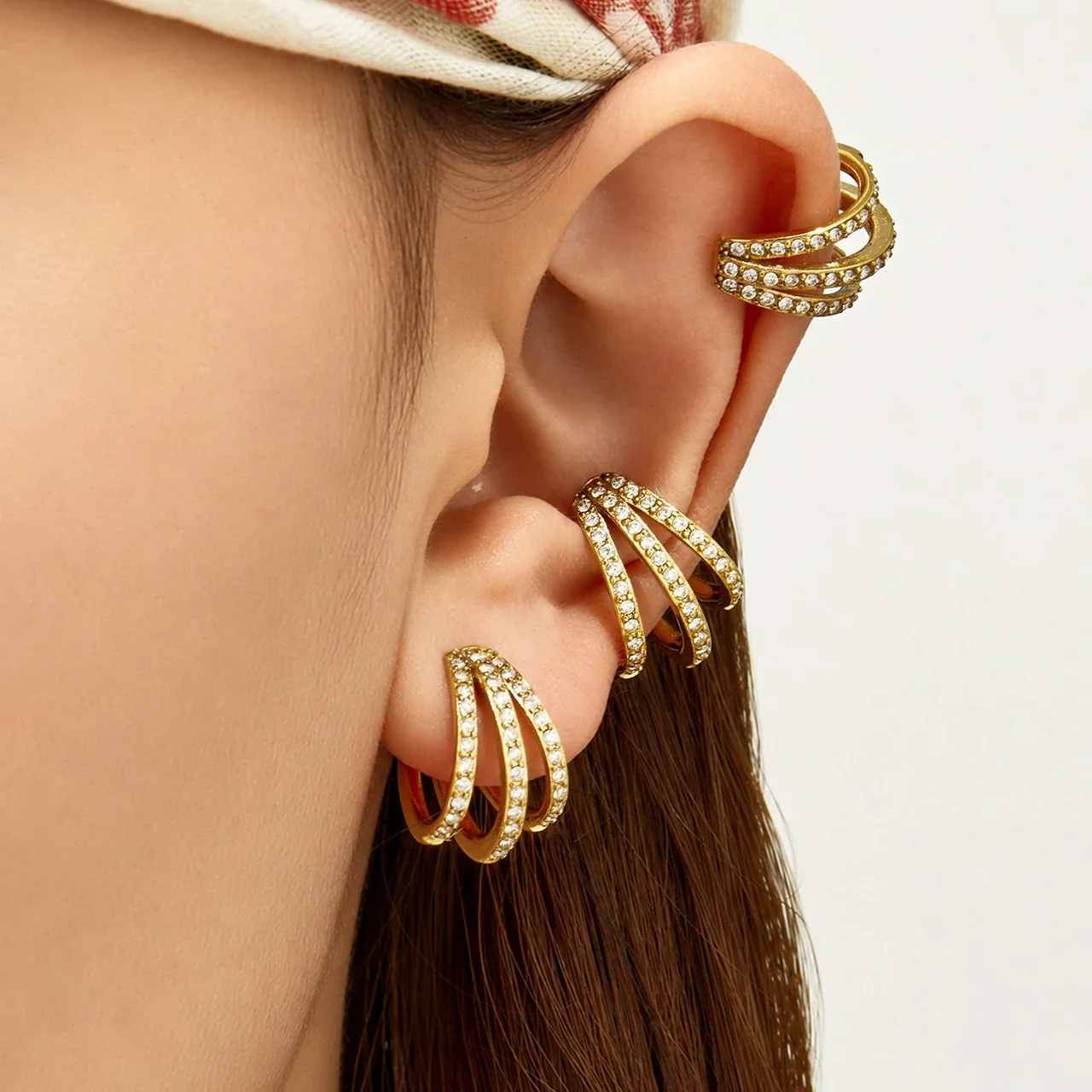 Sculptural Triple Pavé C-Shaped Stainless Steel Ear Cuff