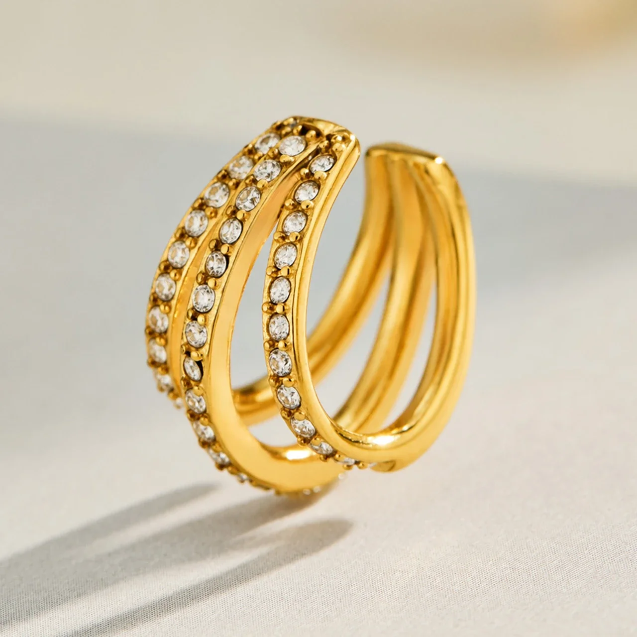 Sculptural Triple Pavé C-Shaped Stainless Steel Ear Cuff