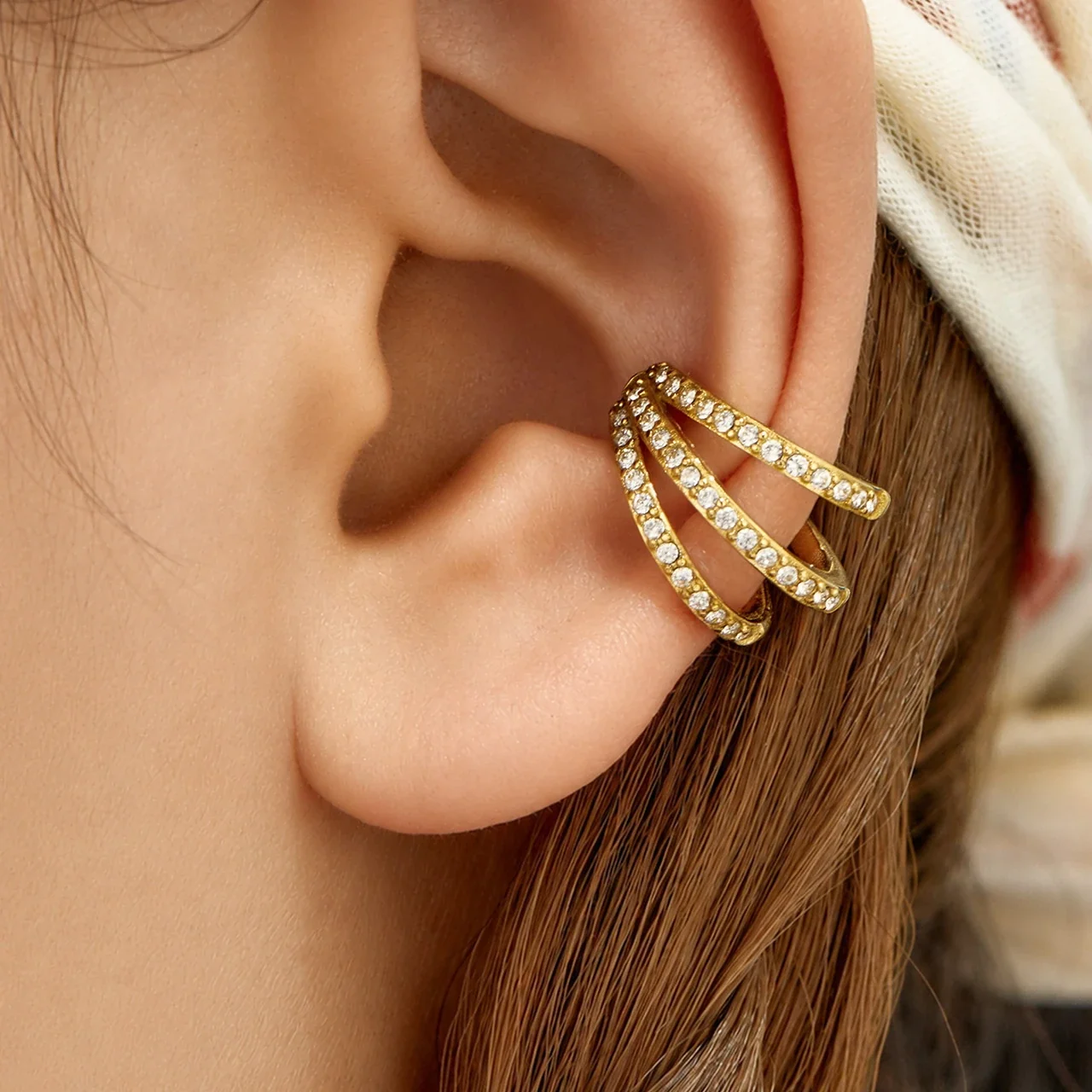 Sculptural Triple Pavé C-Shaped Stainless Steel Ear Cuff