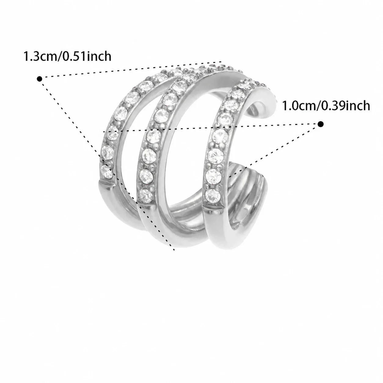 Sculptural Triple Pavé C-Shaped Stainless Steel Ear Cuff - Silver