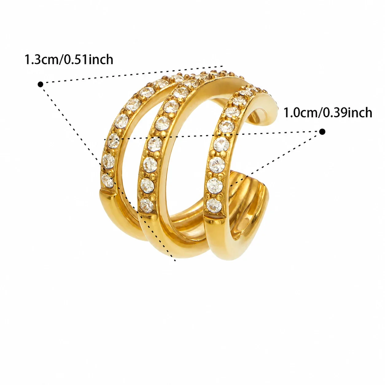Sculptural Triple Pavé C-Shaped Stainless Steel Ear Cuff - Gold