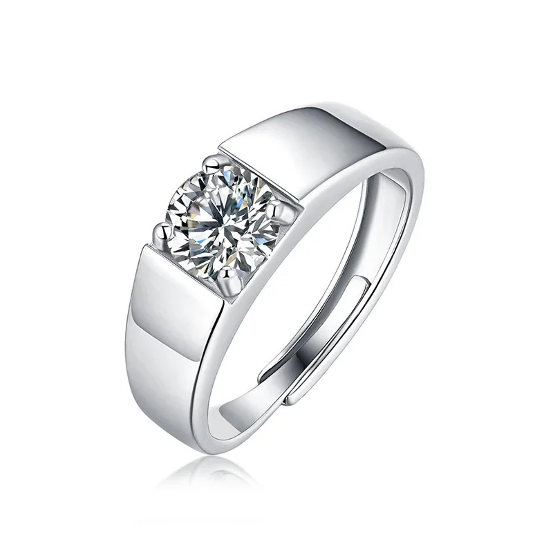 Sculptural 925 Sterling Silver Round Prong-Set Moissanite Rings - Men's 1 ct