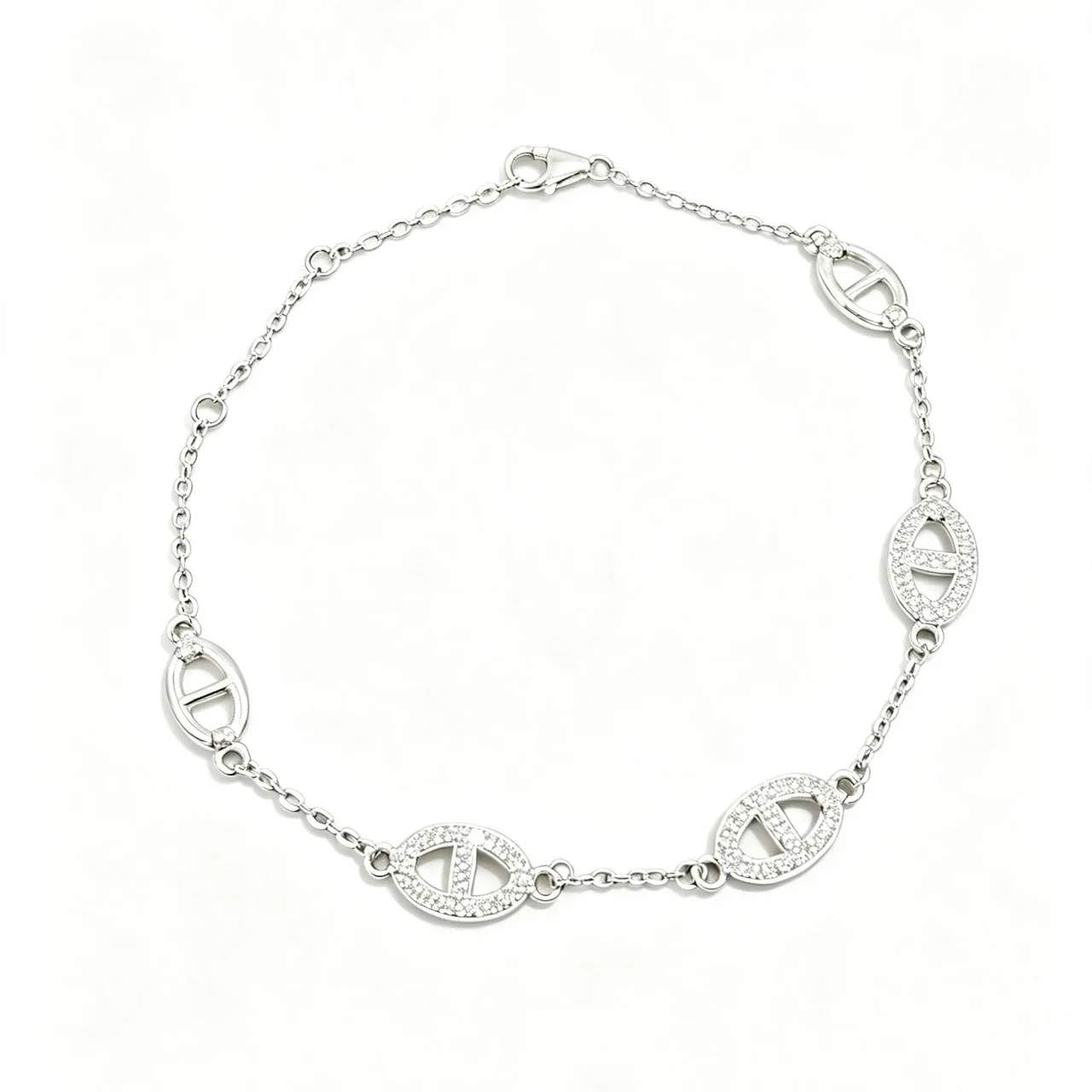 Refined 925 Sterling Silver Pavé Oval Bar-Link Bracelet