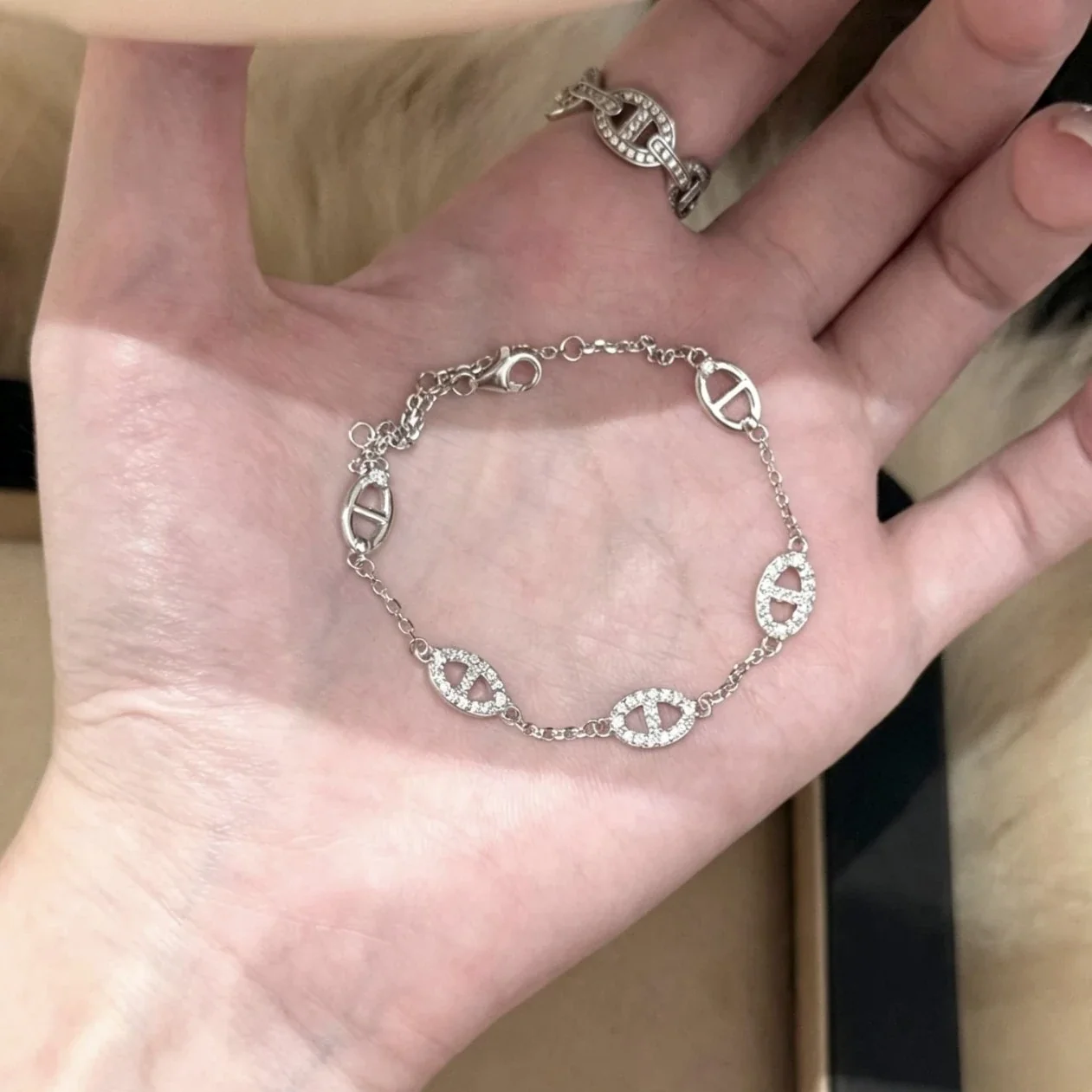 Refined 925 Sterling Silver Pavé Oval Bar-Link Bracelet