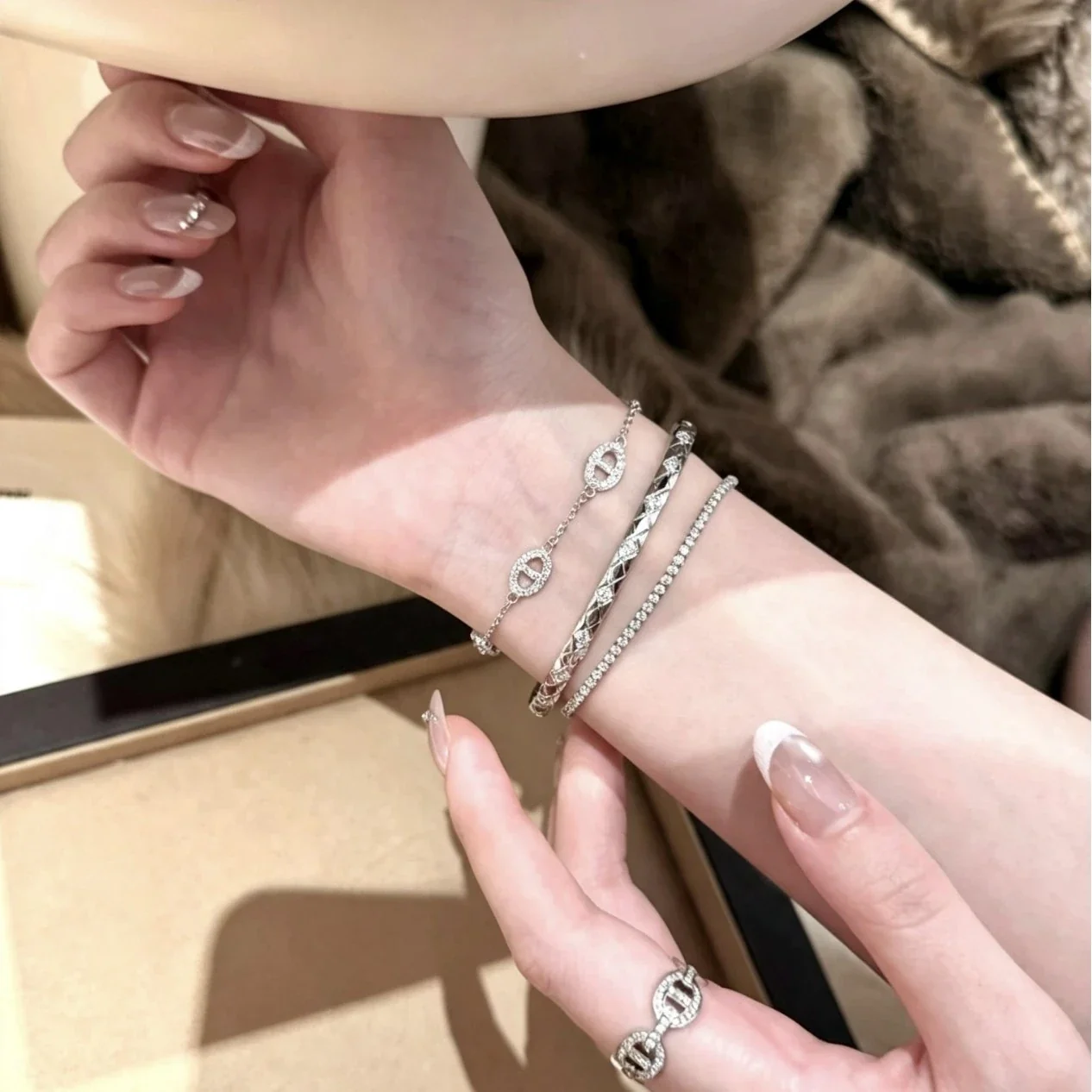 Refined 925 Sterling Silver Pavé Oval Bar-Link Bracelet