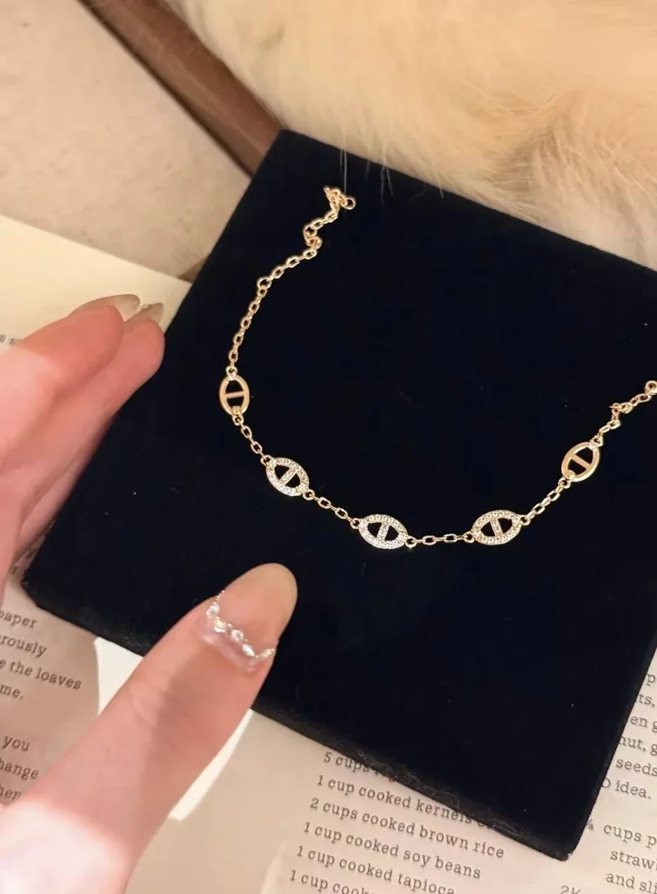 Refined 925 Sterling Silver Pavé Oval Bar-Link Bracelet - Gold Tone